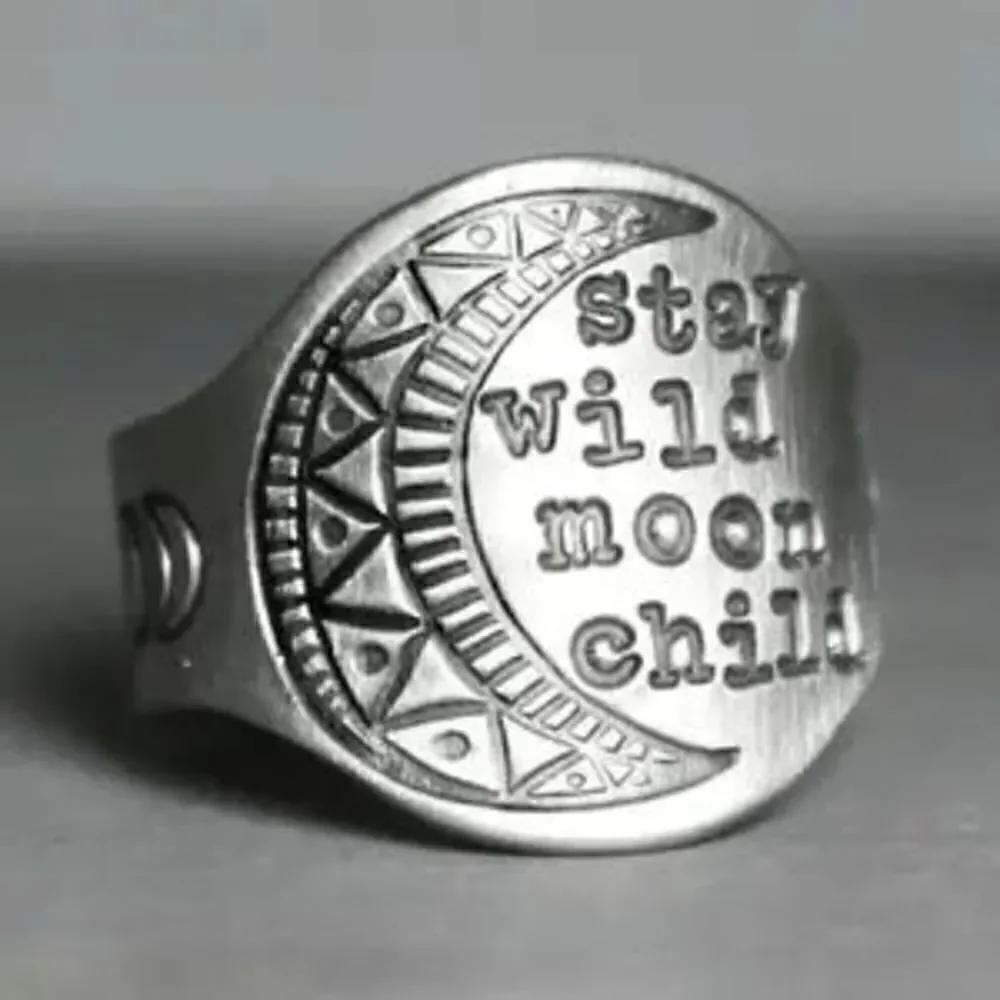 Stay Wild Moon Child Antique Silver Copper Unisex Ring Triple Moon Goddess